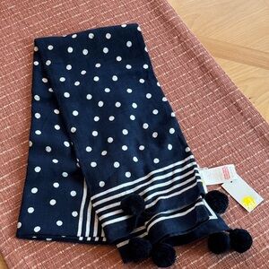Boden Navy Polka Dot Scarf with Pom Poms